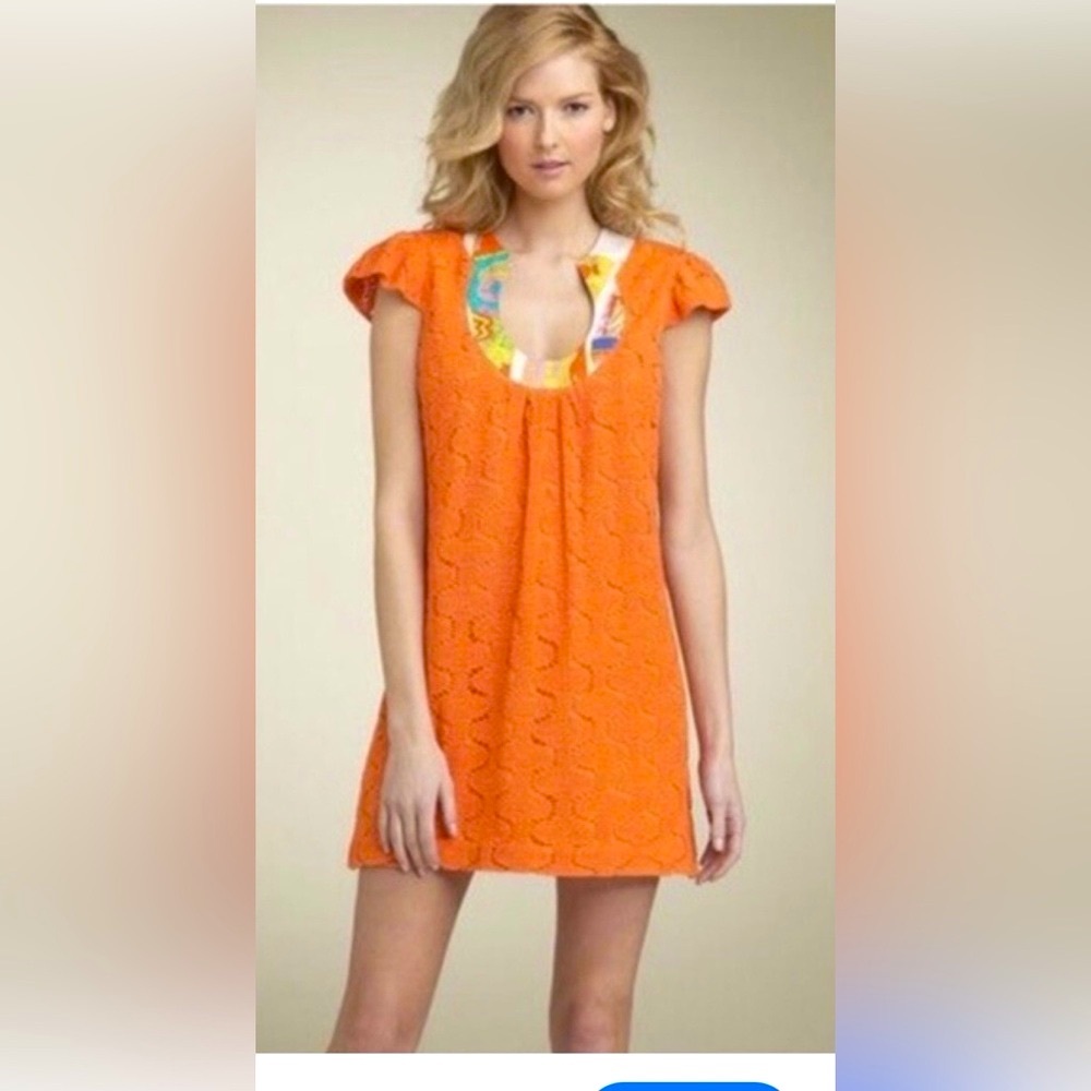 Trina Turk Orange Crochet Mini Dress Size 0 Retro Boho Shift